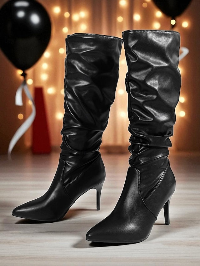 - High Brown Faux Leather Boots Pointed Knee Toe Women's