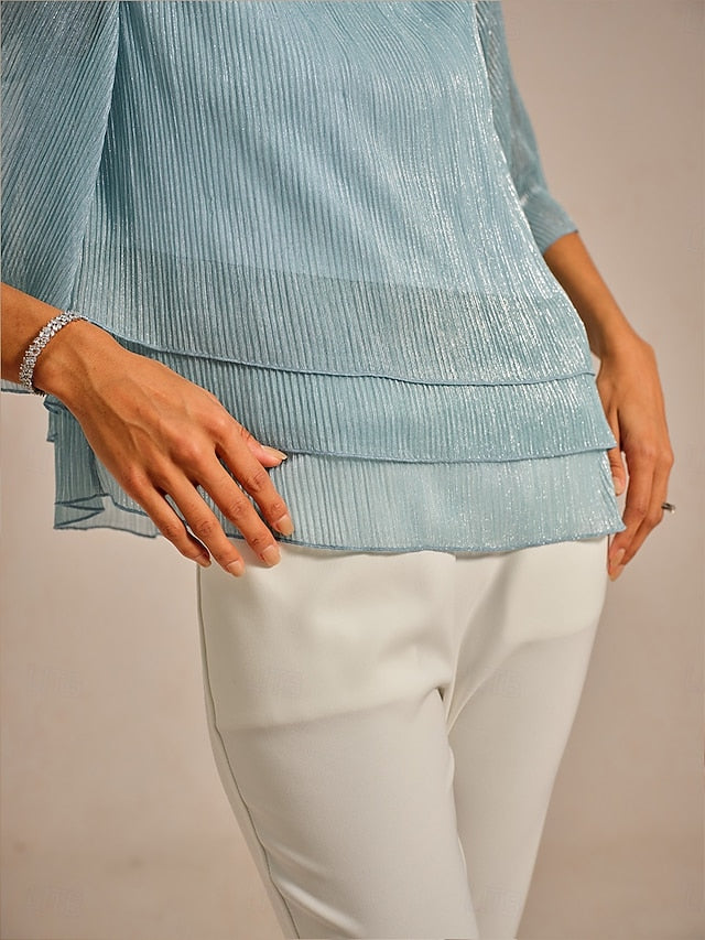 Women's Blouse Chiffon Tops Pleated Layered Metallic