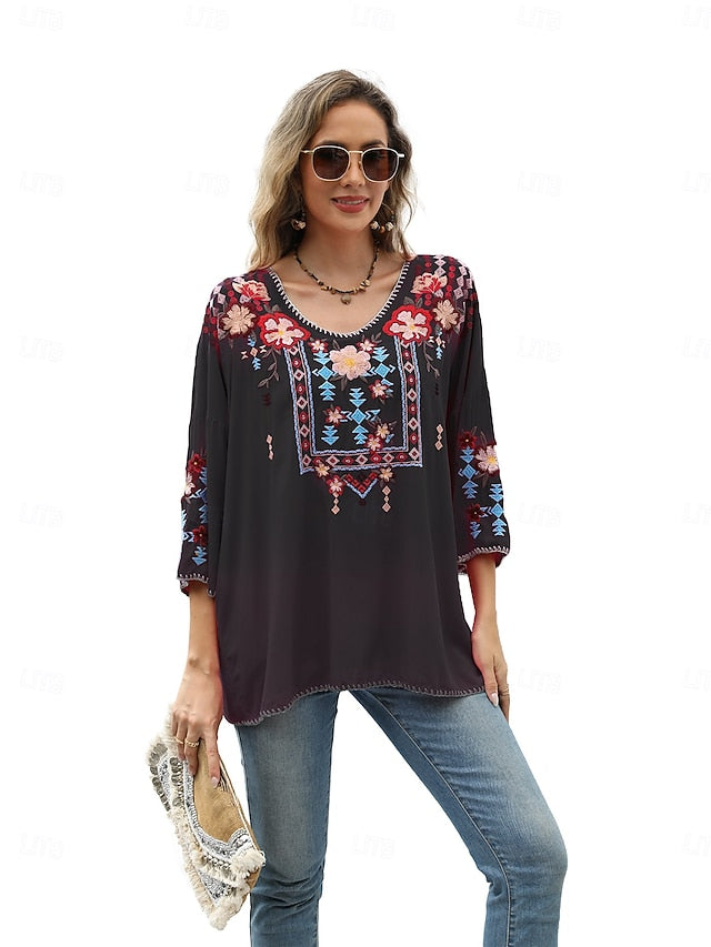 Women's Boho Shirt Embroidered Solid Color Floral Bohemia