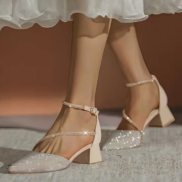 Pointed with Toe Glitter Women's Mesh Ankle Heels Block