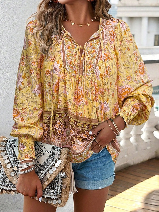 Women's Boho Shirt Blouse Print Flower Modern Boho Long