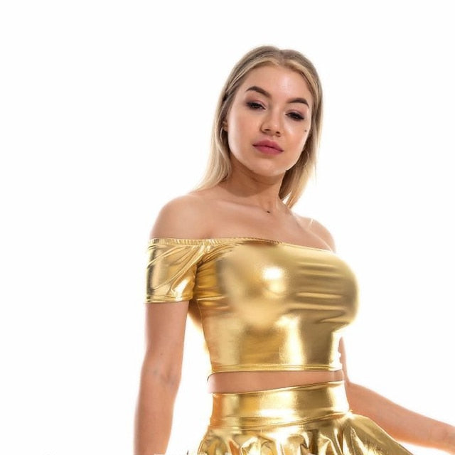 Metallic 1980s Shiny Latex Patent Crop Top PU Leather Off