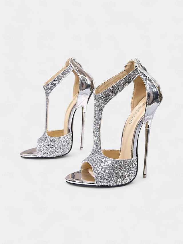Stiletto Open Gold Heels and Toe for T-Strap with Design Glitter