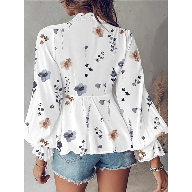 Women's Blouse Lace up Lace Floral Stylish Casual Long
