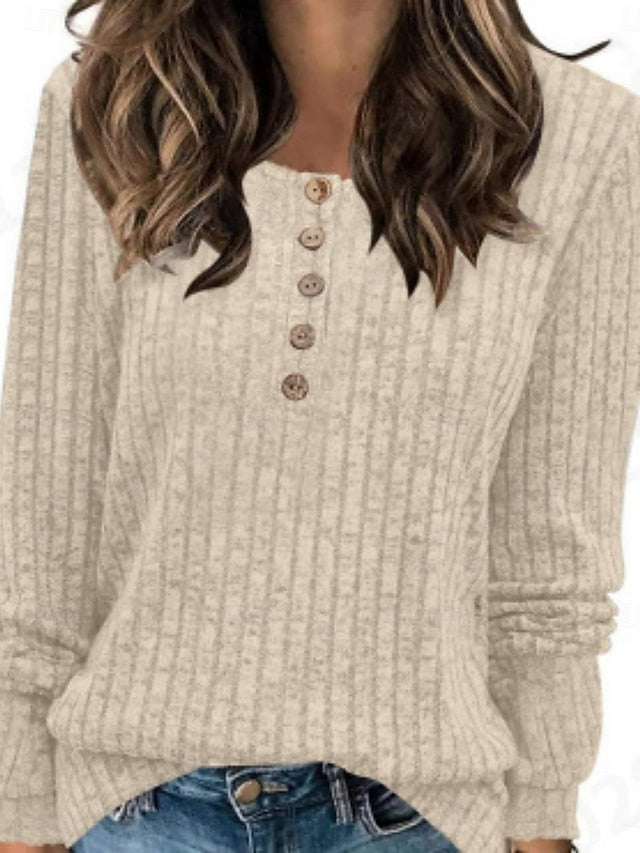 Women's Blouse Buttons Knit Solid Color Stylish Casual Long