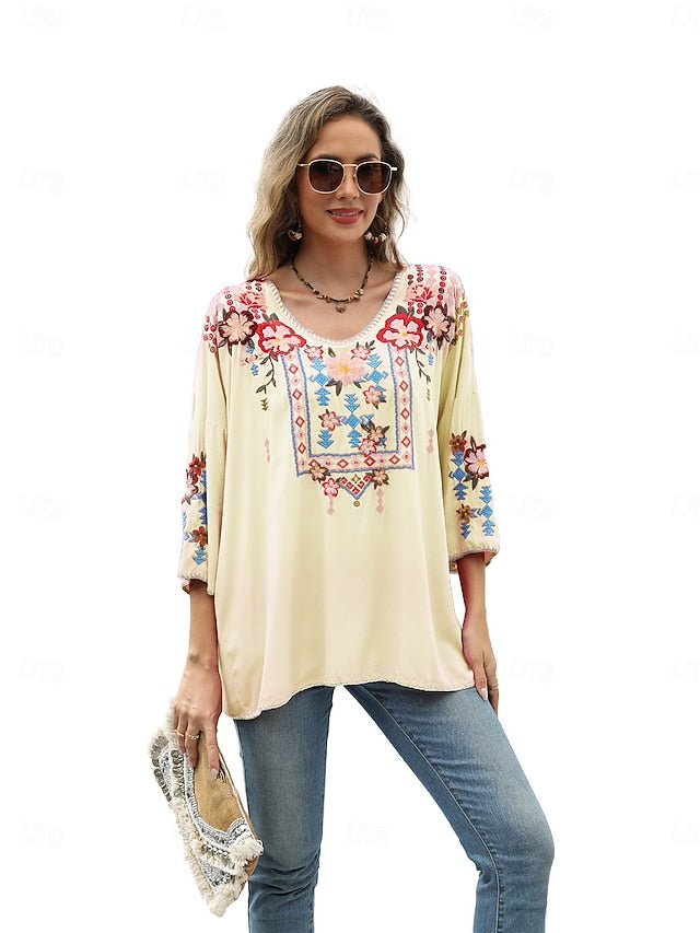 Women's Boho Shirt Embroidered Solid Color Floral Bohemia