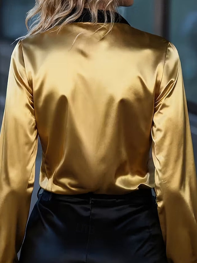 Women's Shirt Elegant Satin Top Blouse Patchwork Buttons