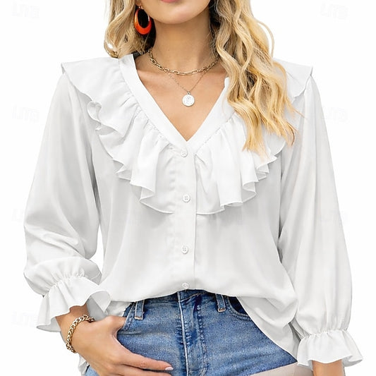 Women's Shirt Button Up Casual Shirt Chiffon Tops Ruffle