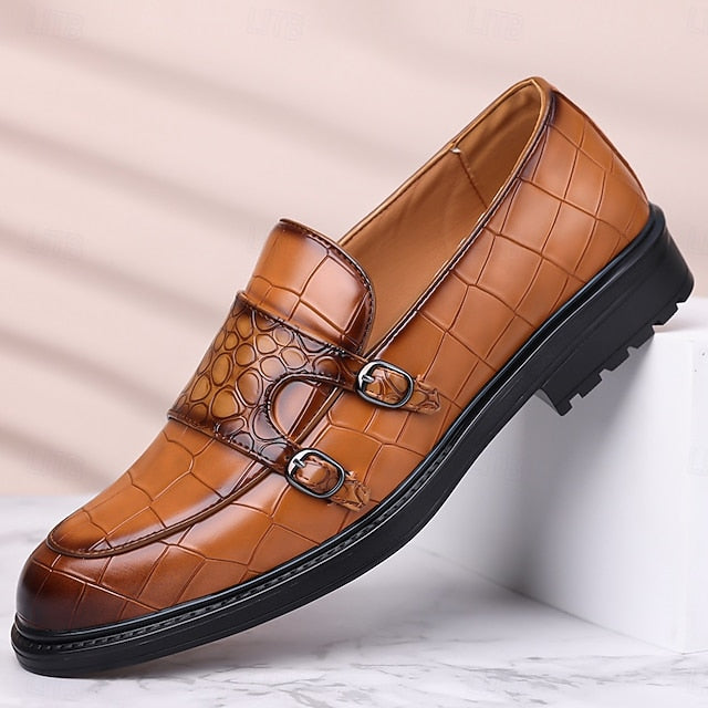 Men's – Leather Loafers Crocodile Brown Pattern with Faux