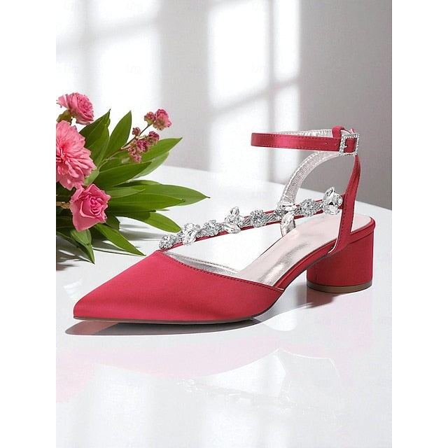 Heel Women's Purple Pumps Satin with Block Rhinestone