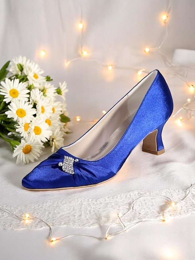 Blue Kitten Bow Women's Heels Royal with Rhinestone Satin