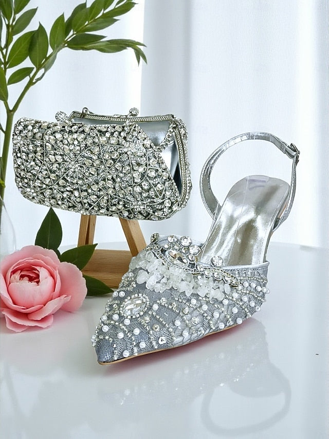 Green Women's Clutch Set Shoes Rhinestone Heel and - Bag