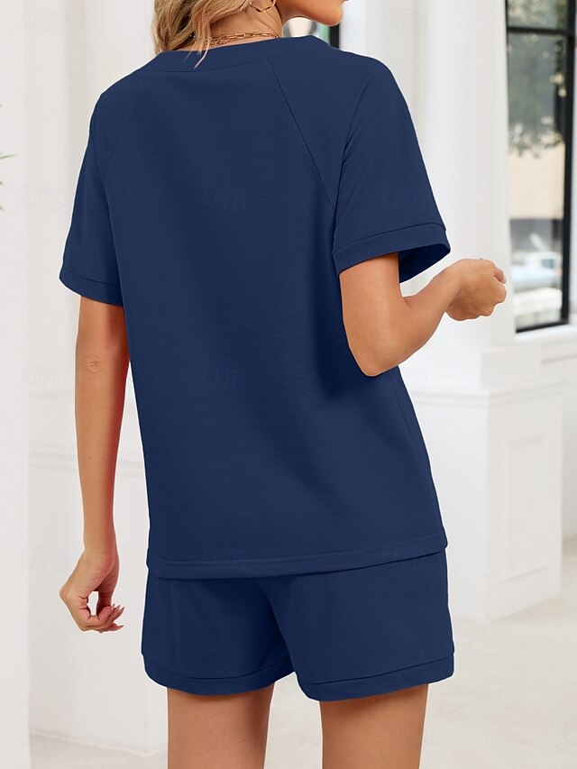 Women's Shorts Sets Short Sleeve V Neck Solid Color Fashion