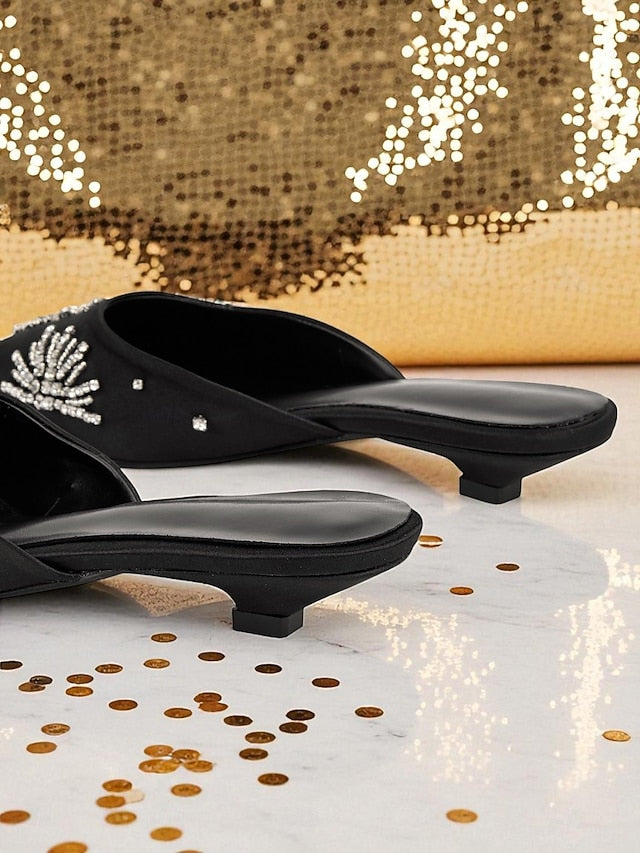 Satin Rhinestone with Toe Women's Pointed Mules Black