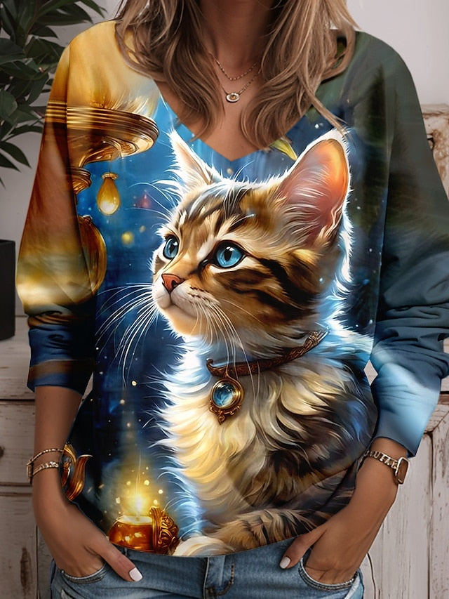 Women's Tunic T Shirt Animal Cat Fashion Funny Long Sleeve