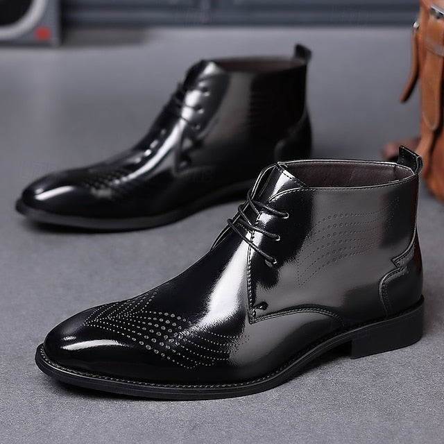 Brogue Burgundy Glossy Wingtip Ankle Faux Men's Leather