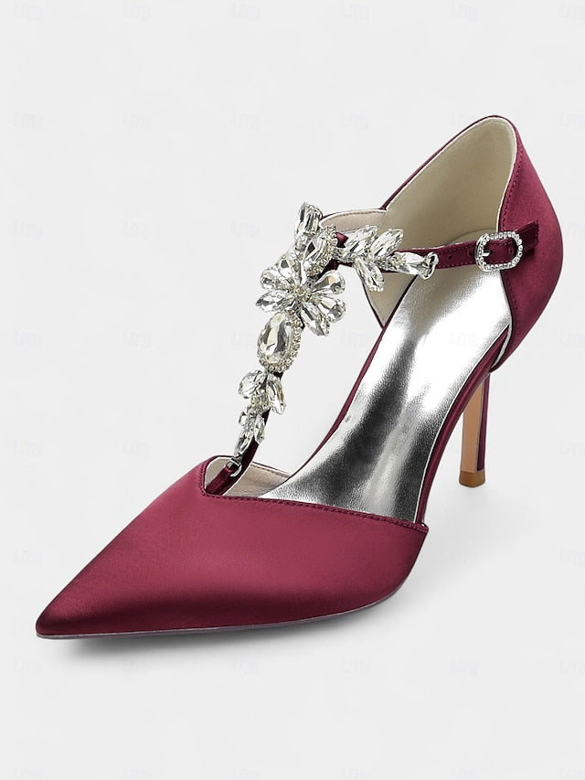Toe Pointed T-Strap Heels Navy Women's Blue – Satin