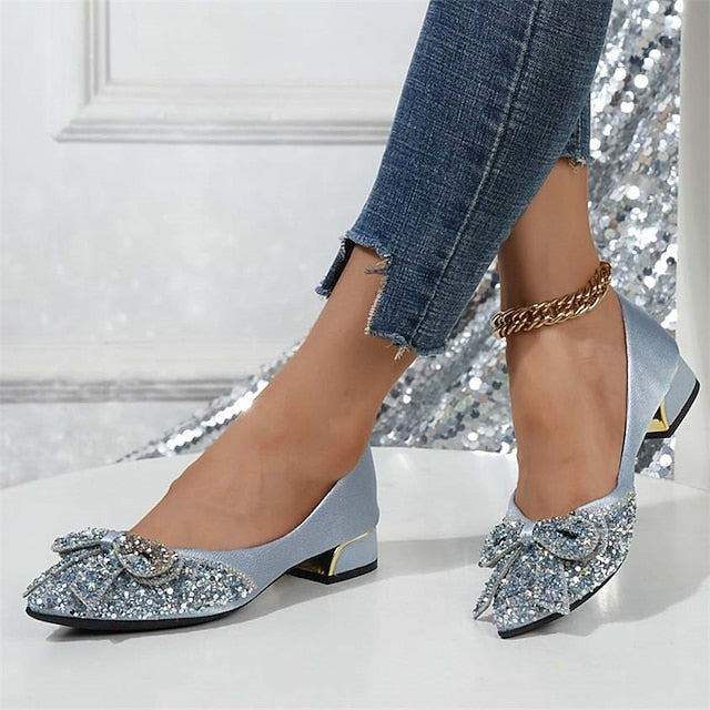 Bow - Glitter Rhinestone Elegant Flats with Women's Detail