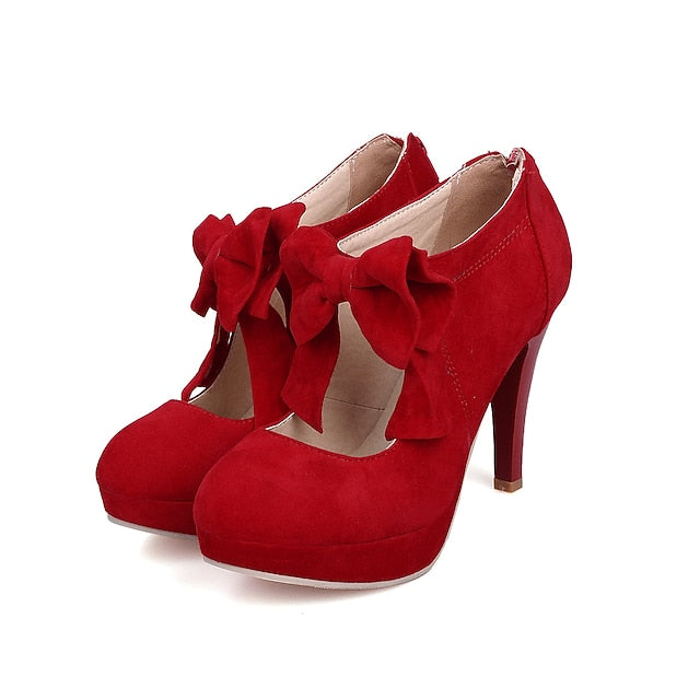 Suede Vintage Platform Pumps Red – Bow Women's Heel High