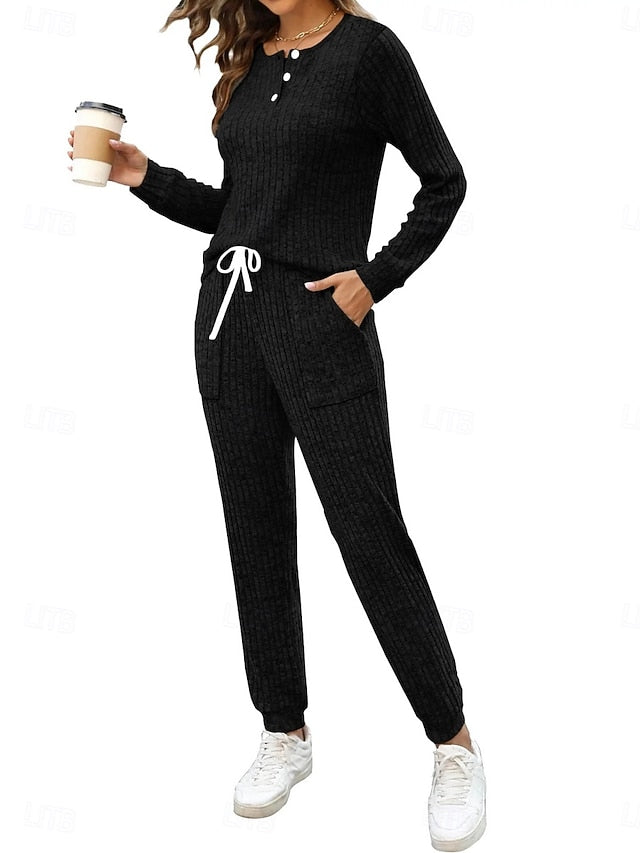 Women's Pants Sets Long Sleeve Crew Neck Solid Color