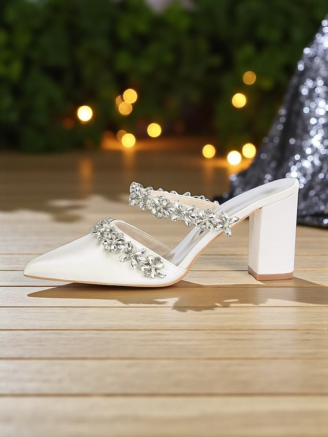 Block Heel Floral with Women's Black Mules Satin Rhinestone