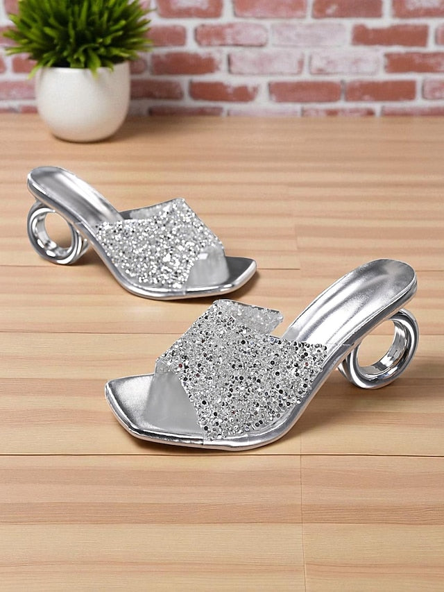 Ring Open Women's Mules Silver with Unique Toe Rhinestone