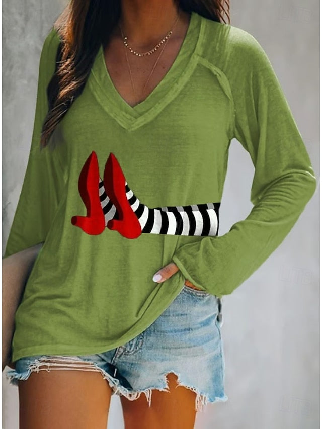Women's T shirt Witch Long Sleeve V Neck Long Sleeve