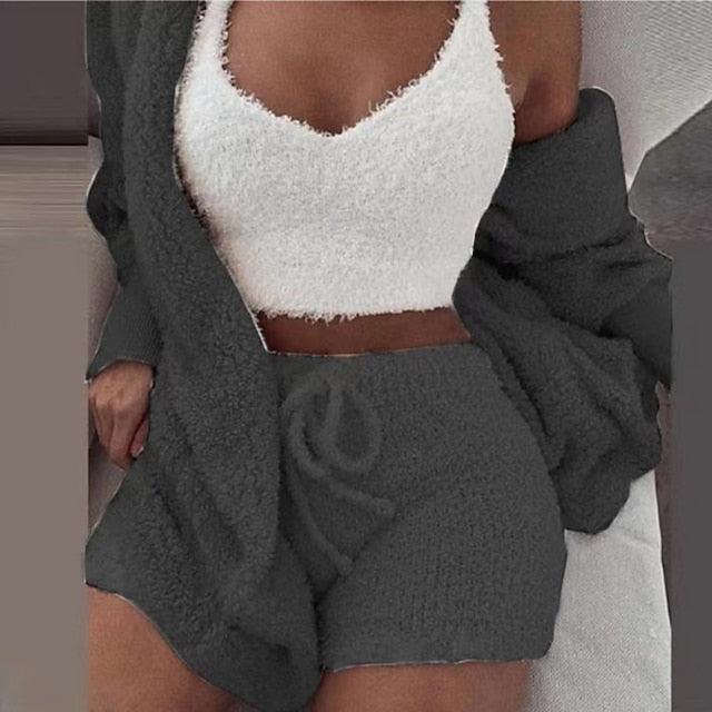 Warm Fuzzy Pajama Set 3PCS Long Sleeve Hooded Robe & Tank