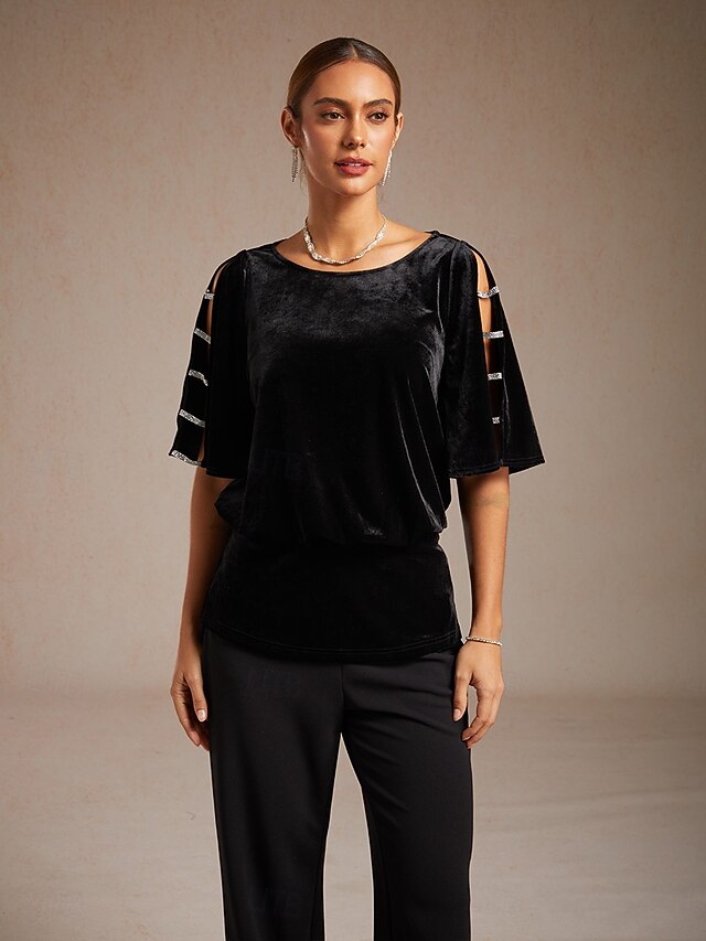 Women's Velvet Dressy Tops Beaded Cut Out Elegant Party