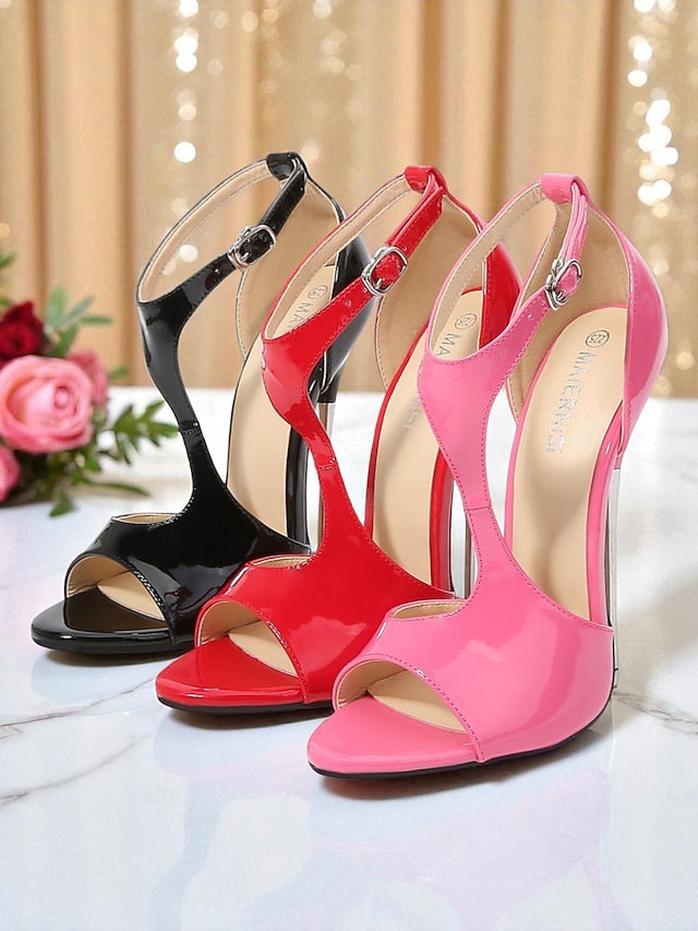 Red Strappy Stiletto Patent Open - Heels Leather Women's