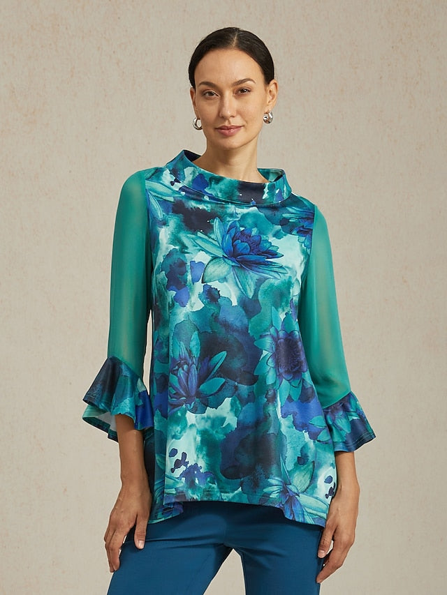 Women's Blouse Green Tie Dye Floral Stretch Knit Pullover
