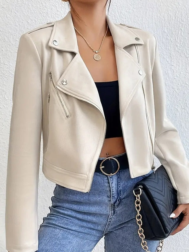 Comfortable Women's Zipper Leather Jacket Faux Pocket