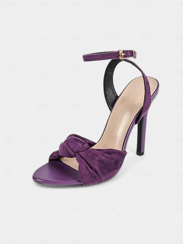 Heel with Women's Purple Detail Suede Sandals Bow - High