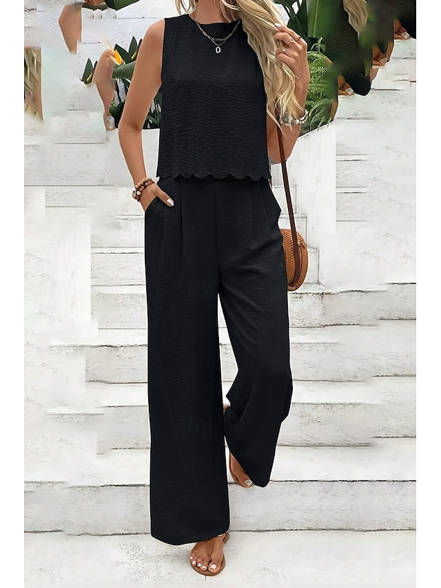 Women's Blouse Pants Sets Sleeveless Crew Neck Solid Color