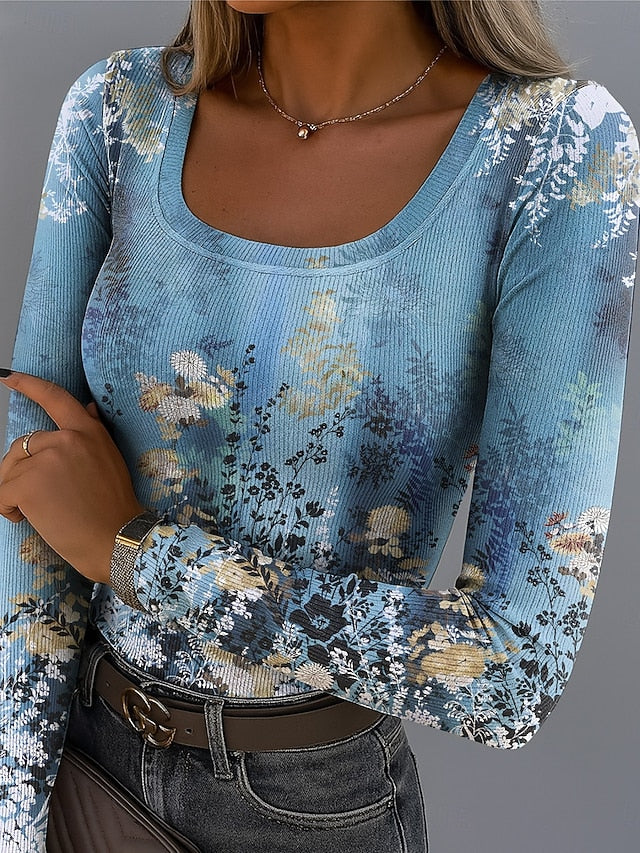 Women's T shirt Long Sleeve Ribbed Graphic Square Neck Long