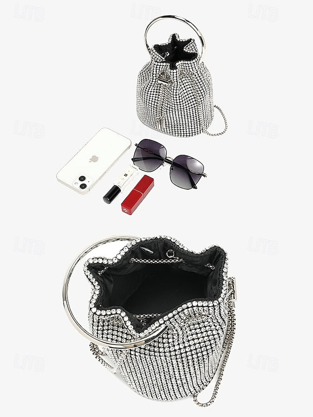 Metal with Rhinestone Sparkling Bag Silver Bucket Women's