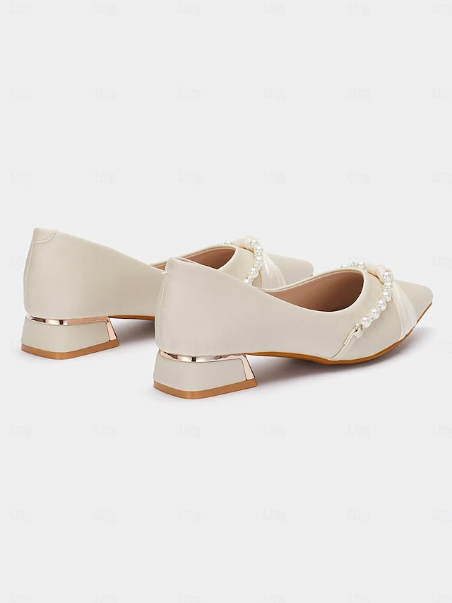 Low Elegant Heel Pointed Flats Pearl Women's - Embellished