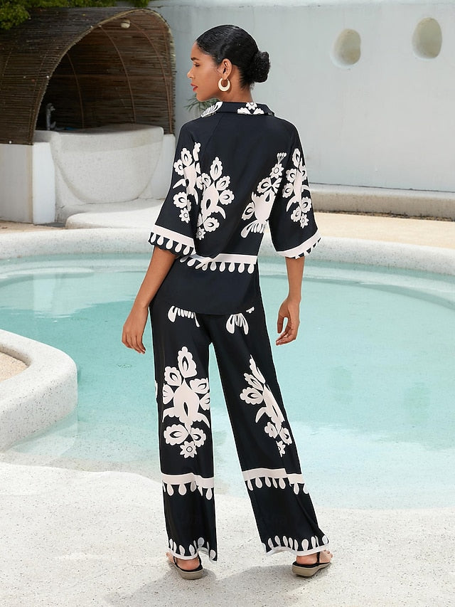 Women's Pants Black Floral Print Straight Leg Satin