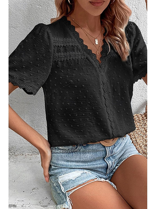 Women's T Shirt Lace Solid Color Fashion Short Sleeve V