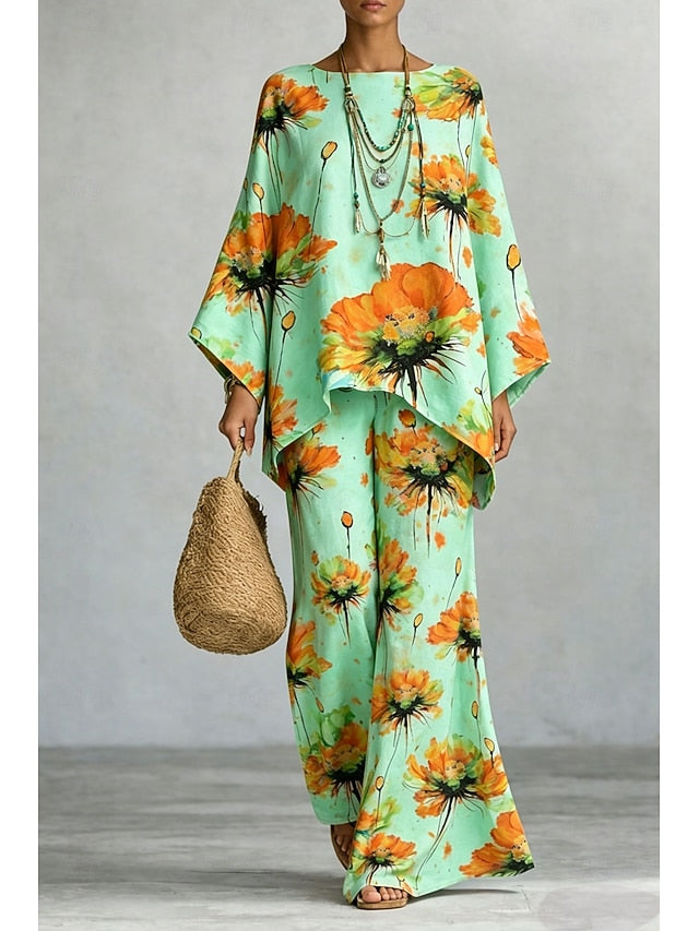 Women's Pants Sets Long Sleeve Round Neck Floral Graphic