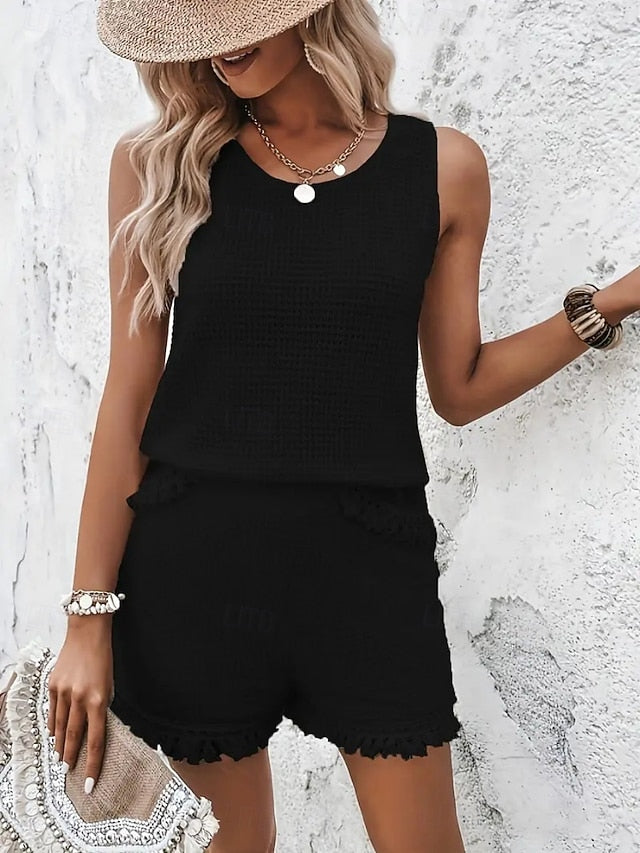 Women's Shorts Sets Sleeveless Crew Neck Solid Color Tassel