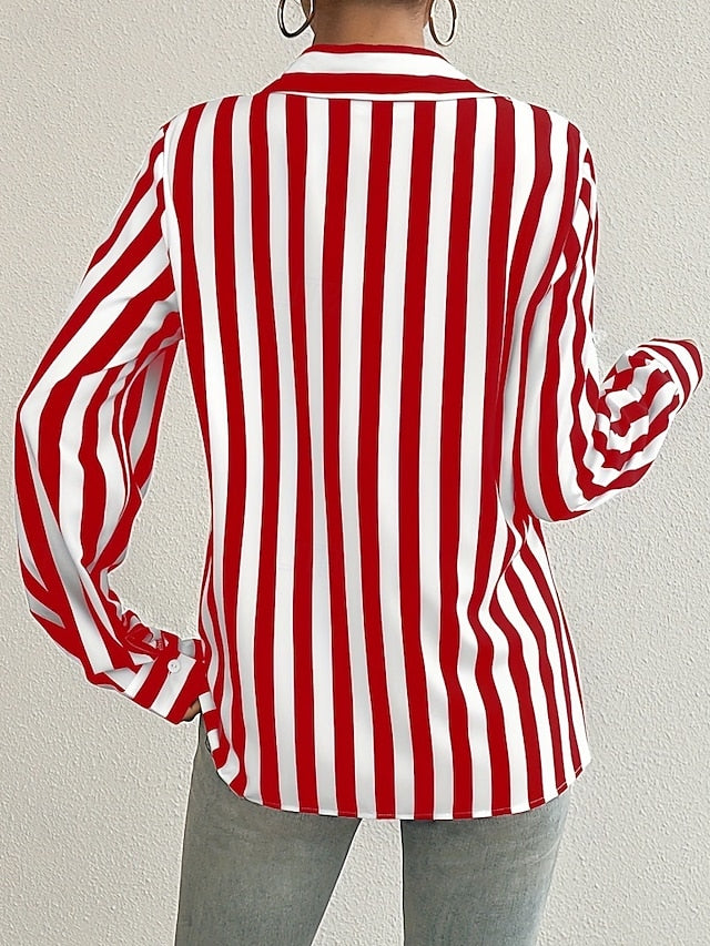 Women's Shirt Blouse Patchwork Buttons Striped Elegant