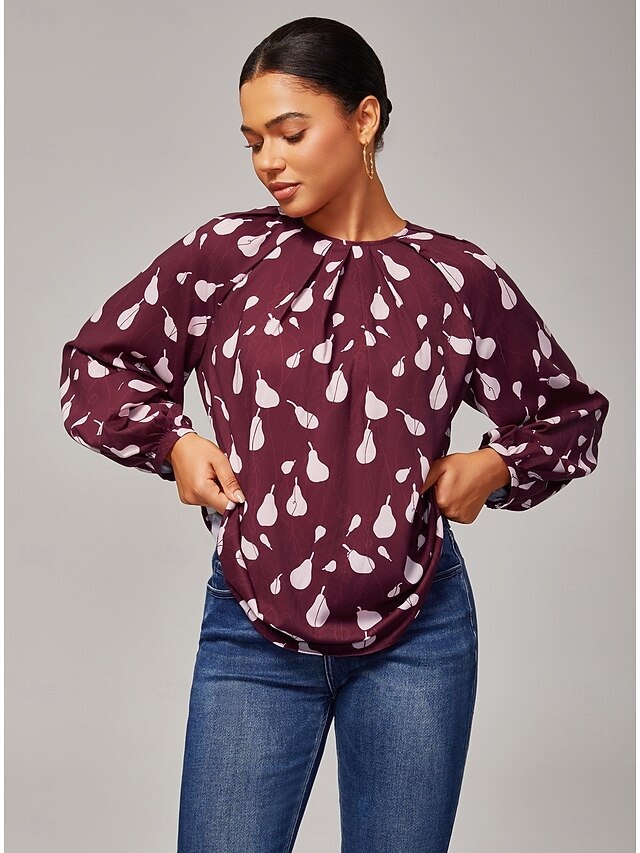 Women's Top Casual Loose Fit Pear Print Long Sleeve Wine