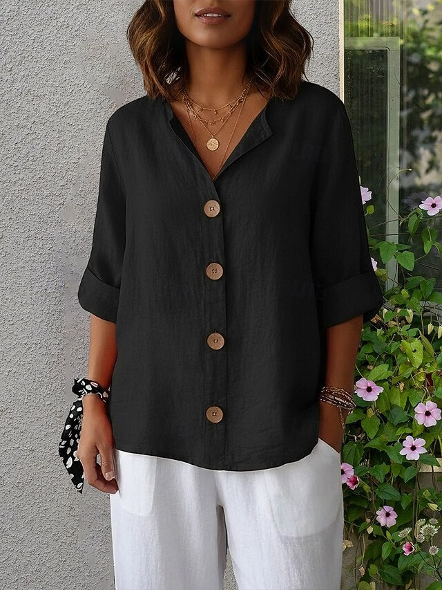 Women's Blouse 100% Cotton Solid Color Basic Casual 3/4