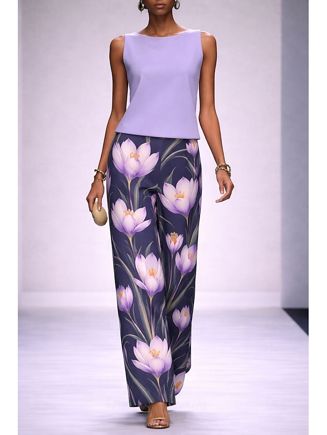 Women's Pants Sets Sleeveless Crew Neck Floral Graphic