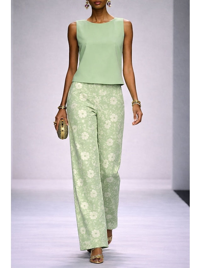 Women's Pants Sets Sleeveless Crew Neck Floral Graphic