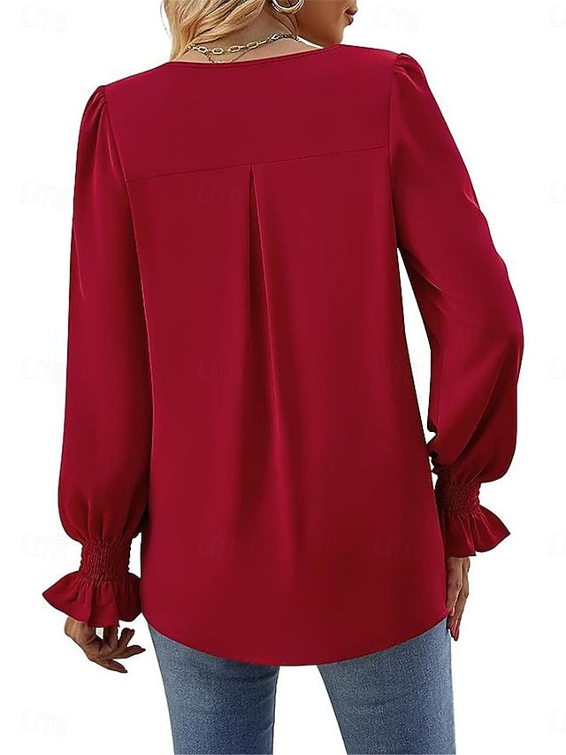 Women's Shirt Blouse Solid Color Basic Casual Long Sleeve V
