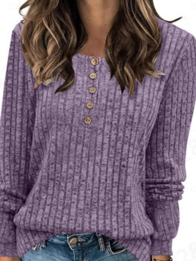 Women's Blouse Buttons Knit Solid Color Stylish Casual Long