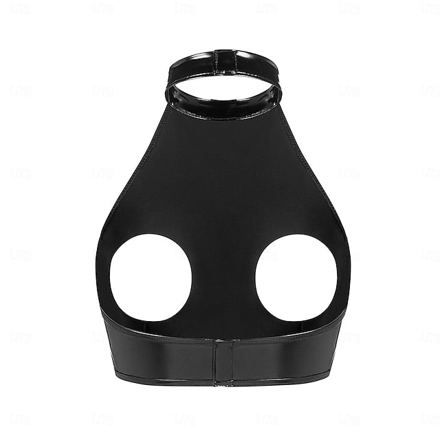 Cut-Out Faux Latex Halter Top Glossy Finish Women's Shinny