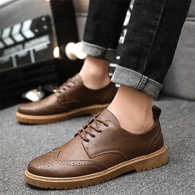 Shoes Leather Faux Men's Brogue Classic Black – Oxford